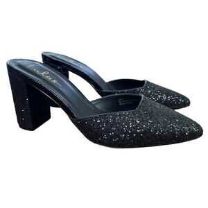 Lulus Womens Black Glitter Block High Heels Slip On Mules Formal Prom Shoes sz 7